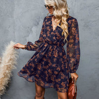 Floral Chiffon Long Sleeve V-neck Mini Dress