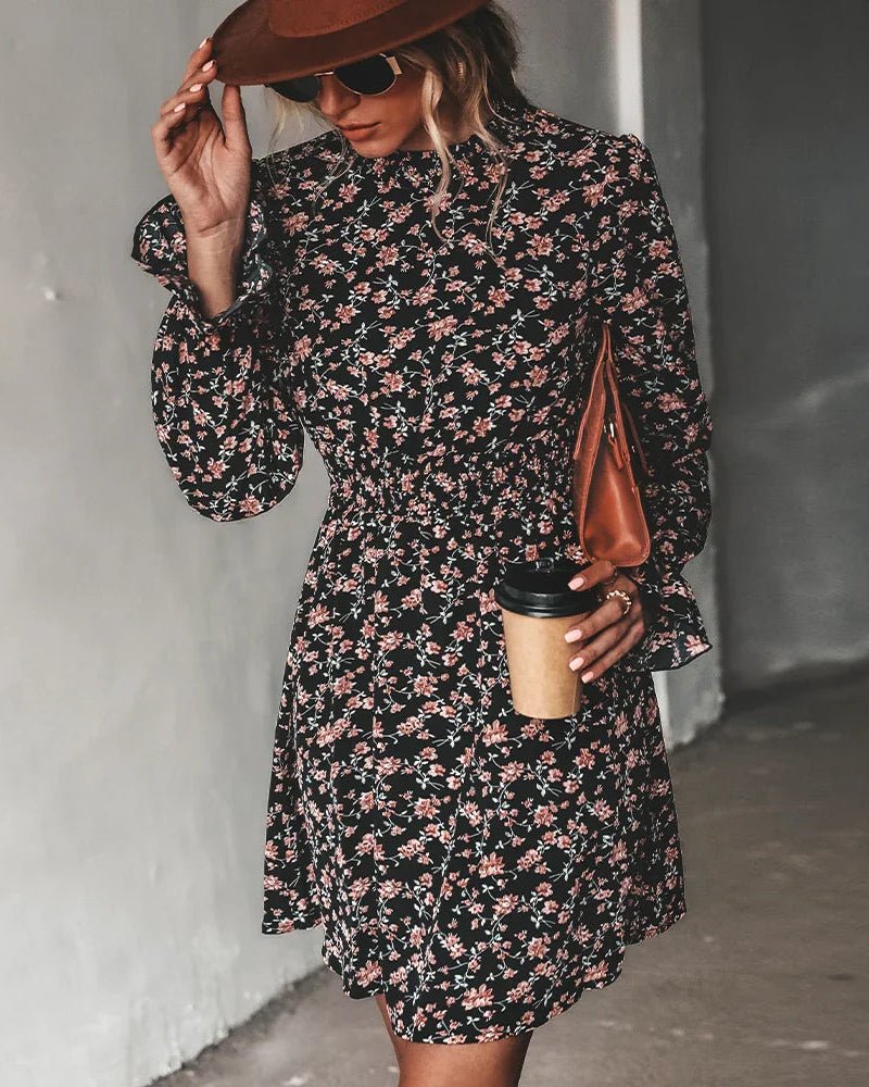 Ditsy Floral Printed Round Neck A-Line Mini Dress