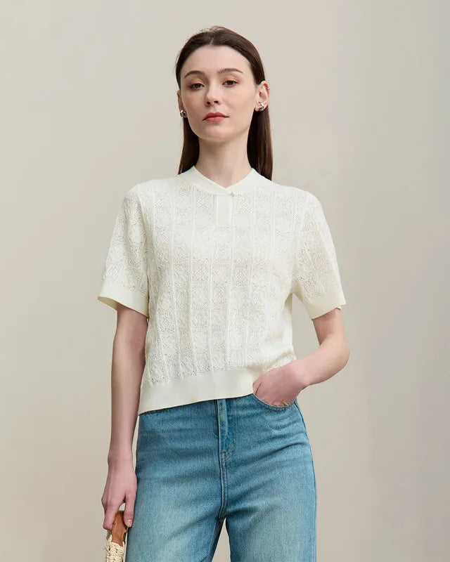 Women's Summer Sweater featuring stand collar, cutout design and short sleeves with button details, straight casual pullover knit top perfect for warm weather daily wear.
