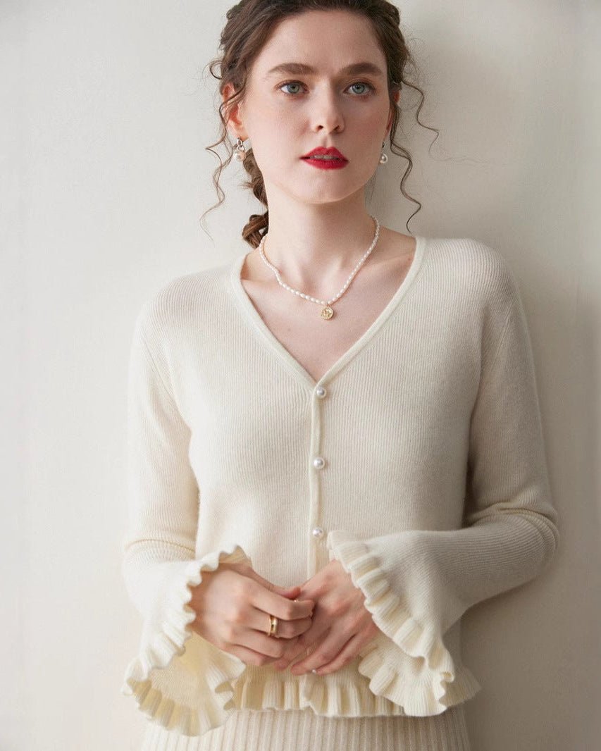 Cashmere Bell-Sleeve Knitted Cardigan Sweater