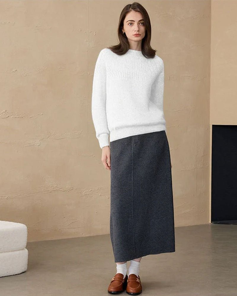 Soft autumn cashmere base-layer in oatmeal, crew neckline and ribbed cuffs give a polished yet cozy office look.