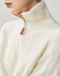 Women's   cashmere loose sweater - half-zip closure with textured cable knit, ultra-soft warmth for cozy autumn/winter daily looks