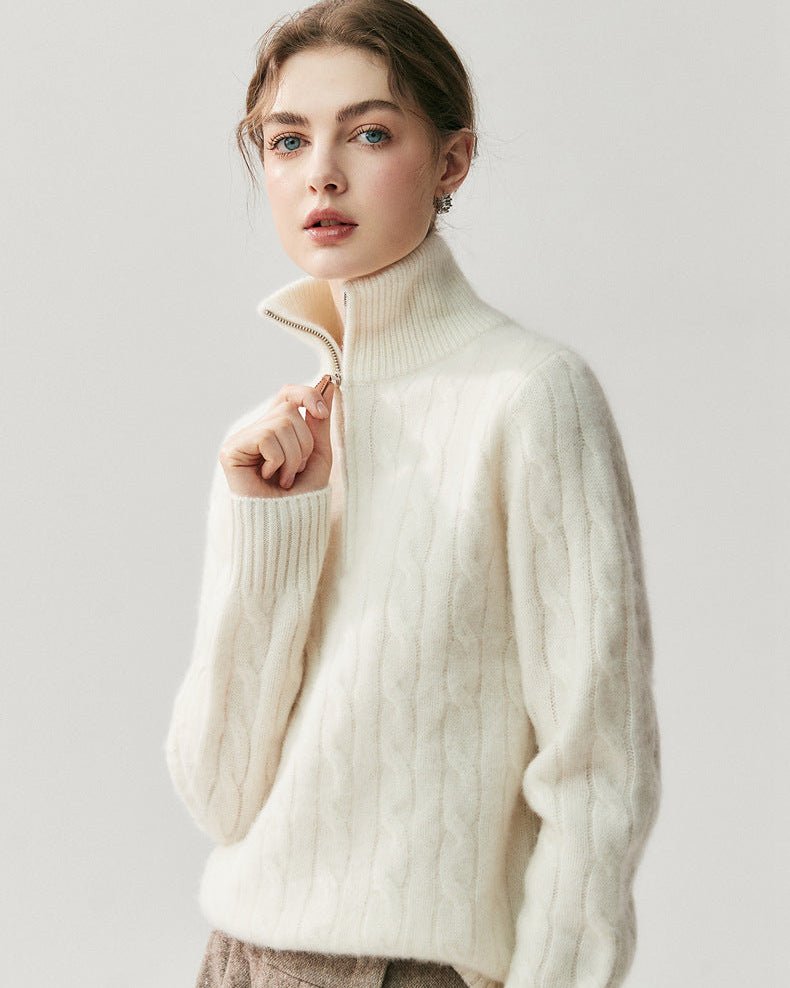 Cashmere Half-Zip Cable Knit Loose Sweater