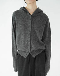 Women's grey cashmere hooded cardigan - thick knit, single-breasted closure and loose fit, perfect for cozy autumn/winter layering or casual outings