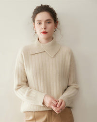Women's cashmere sweater - autumn/winter thick knit with irregular half-high neck and ribbed trims, available in gray & oatmeal