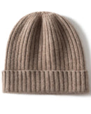 Unisex goat-cashmere beanie with ribbed cuff and solid color—luxury warmth for morning commutes, weekend hikes or après-ski cocoa.