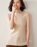 Women’s cashmere semi-high-neck sleeveless top with slim silhouette—silky thermal base for winter layering, office blazers or weekend cabin escapes.
