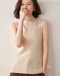 Women’s cashmere semi-high-neck sleeveless top with slim silhouette—silky thermal base for winter layering, office blazers or weekend cabin escapes.