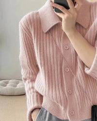 Women's wool knitted cardigan - polo collar, single-breasted closure and loose fit, perfect for cozy autumn/winter layering or casual daily outfits.