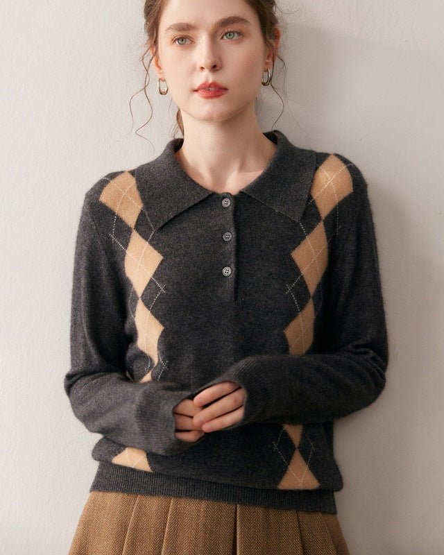 Cashmere Polo Collar Diamond Pattern Sweater