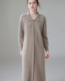 Women's cashmere long dress - polo collar and loose knitted design, ultra-soft warm fabric for elegant autumn/winter daily wear

