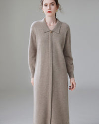 Women's cashmere long dress - polo collar and loose knitted design, ultra-soft warm fabric for elegant autumn/winter daily wear
