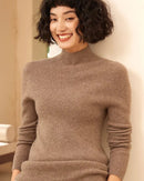 Slim-fit cashmere knit top for ladies, cozy mock-neck design, ultra-fine 2-ply weave—temperature-regulating luxury that transitions from crisp fall mornings to frosty winter evenings without bulk.
