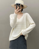 Women's cashmere V-neck sweater - loose-fitting, high-density anti-pilling knit with deep V neckline for elegant daily wear