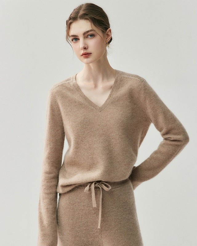 Cashmere V-Neck Saddle Shoulder Knit Sweater