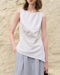 Casual and sexy sleeveless slit tank top for women, made of linen and cotton with tatting woven craft, non-stretch solid style perfect for summer casual outings.