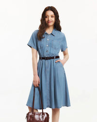 Women's denim midi dress - cooling fabric, waist-defining silhouette and button-down front, summer-ready casual chic style perfect for daily errands, brunch dates or park strolls.