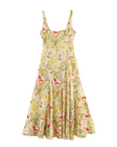 Women's yellow floral print sundress - square collar, camisole style and loose fit, polyester fabric for casual summer outings, beach days or weekend brunch.