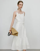 Women's white linen A-line dress - casual belted design, O-neck and mid-calf length, knit craftsmanship for spring/summer outdoor outings or brunch.