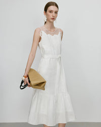 Women's white linen A-line dress - casual belted design, O-neck and mid-calf length, knit craftsmanship for spring/summer outdoor outings or brunch.