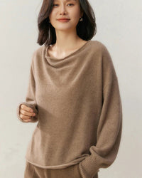 Women’s loose cashmere pullover with artfully draped irregular collar and relaxed long sleeves—effortless statement layer for gallery openings, weekend cafés or fireside lounging.