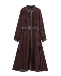 Women's brown casual dress - lace-up detail, pleated design and turn-down collar, polyester tatted fabric for everyday wear, weekend outings or casual gatherings.