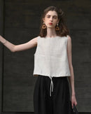 Retro women’s linen sleeveless o-neck loose crop top, casual fashion summer streetwear, perfect for office ladies and daily casual outings.