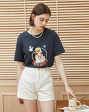 Women’s casual printed tee with short sleeves—crafted from soft  cotton fabric with slight stretch, O-neck design, and a loose regular fit that ensures all-day comfort, perfect for summer outings, weekend errands, or laid-back everyday styling with jeans, shorts, or skirts.