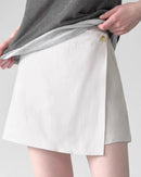 Women's linen skirt-style shorts – high-waisted loose fit, button fly closure, tatted weaving craft, perfect for casual summer outings and everyday versatile styling.
