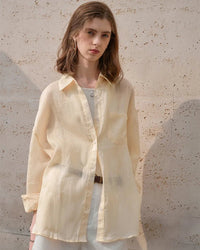 Ladies' ramie  blouse - casual loose fit, lapel collar and long sleeves, single-breasted cardigan design, lightweight breathable fabric perfect for spring outings, summer brunches or office casual styling.