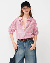 Versatile plaid overshirt featuring vintage-inspired pattern and relaxed fit. Breathable lightweight shacket for women that works as a shirt or jacket—ideal for casual weekends and spring street style.