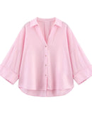 Women's long-sleeve shirt - casual loose fit, breathable cotton-blend fabric, turn-down collar and button-front design, perfect for summer daily commutes, office casual or weekend outings.