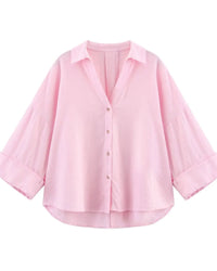 Women's long-sleeve shirt - casual loose fit, breathable cotton-blend fabric, turn-down collar and button-front design, perfect for summer daily commutes, office casual or weekend outings.