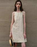  Women's linen A-line dress – sleeveless round neck, tassel detail, pullover design, tatted weaving craft, perfect for casual spring summer outings and weekend looks.