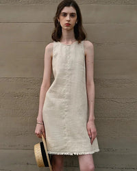  Women's linen A-line dress – sleeveless round neck, tassel detail, pullover design, tatted weaving craft, perfect for casual spring summer outings and weekend looks.