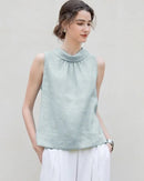 Women's retro  linen sleeveless top - stand collar design, lightweight breathable fabric, vintage style perfect for summer beach holidays, casual street outings or brunch dates.