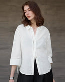 White casual lace shirt for women |breathable cotton-ramie blend, three-quarter sleeves, turn-down collar, regular fit.
