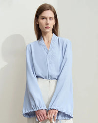 Women’s chiffon V-neck blouse with letter embroidery and lantern sleeves—airy autumn top for office days, weekend brunches or evening cocktails .