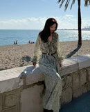 Women's light green chiffon dress - printed design, V-neck and slim fit, polyester tatted fabric with long sleeves for spring/summer elegant outings or semi-formal events.