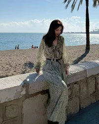 Women's light green chiffon dress - printed design, V-neck and slim fit, polyester tatted fabric with long sleeves for spring/summer elegant outings or semi-formal events.