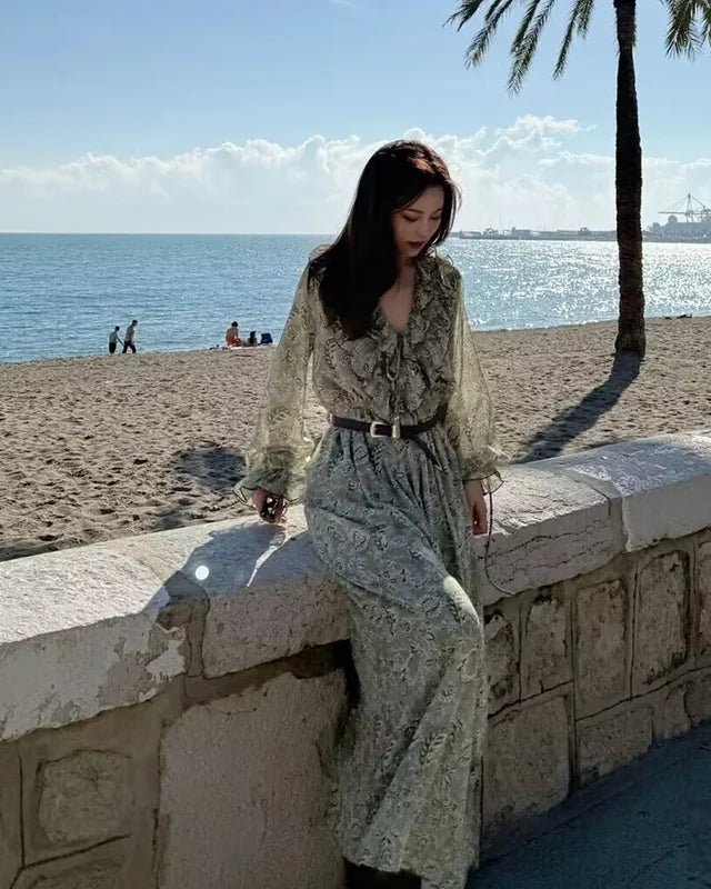 Chiffon Printed V-Neck Fashionable Long Dress