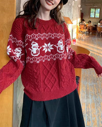 Red Christmas Retro Jacquard Sweater - 92% Polyester Crew Neck with Cartoon Pattern & Fleece Interior for Casual Wear