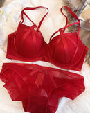  Women’s plus size summer lace bra and panties set, features sexy hollow design, classic bandage style and push-up effect for flattering comfort.