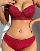 Cross-border two-piece lingerie set: underwire lace bra + adjustable straps + matching thong; scalloped edges, soft steel ring for lift, black/red/nude, S-XL—sexy yet comfy for daily wear or special nights.