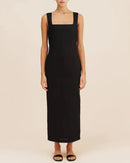 Women’s cotton-linen square-neck long dress with wide straps and back split—breezy summer staple for beach walks, farmers' markets or sunset dinners.