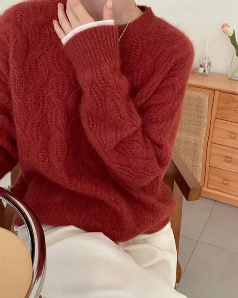 Crew Neck Cable Knit Wool Sweater