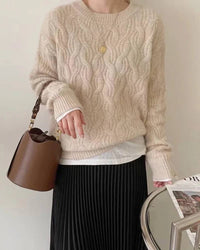 Crew Neck Cable Knit Wool Sweater