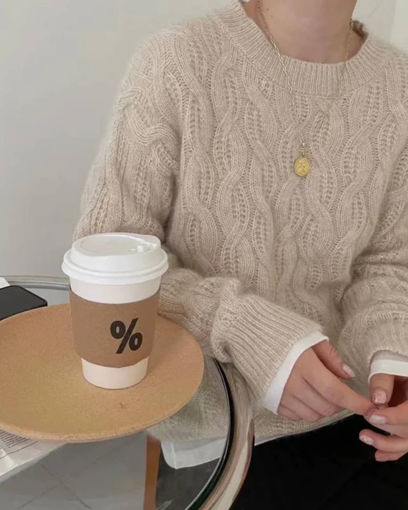 Crew Neck Cable Knit Wool Sweater