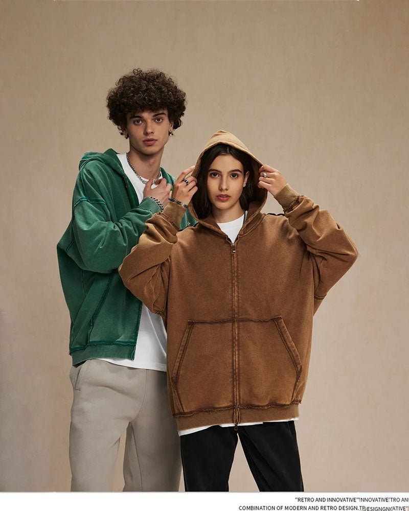 Distressed Washed Batik Retro Zipper Hoodies