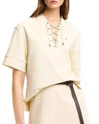 Women's beige V-neck tee - elegant embroidered detail, polyester broadcloth fabric with slight stretch, short sleeves and straight fit, perfect for casual outings, work casual or everyday chic styling.